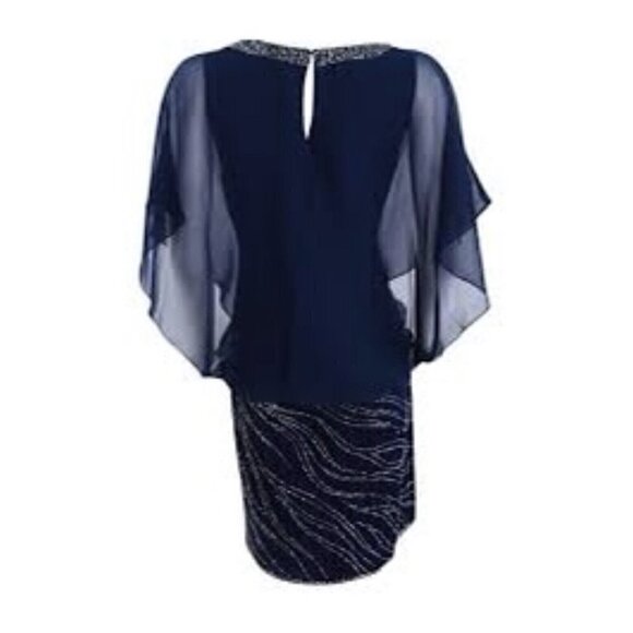 Jkara Sz 6 Navy Blue Beaded Chiffon Blouson Formal Dress Evening Flutter Sleeve - Picture 9 of 12